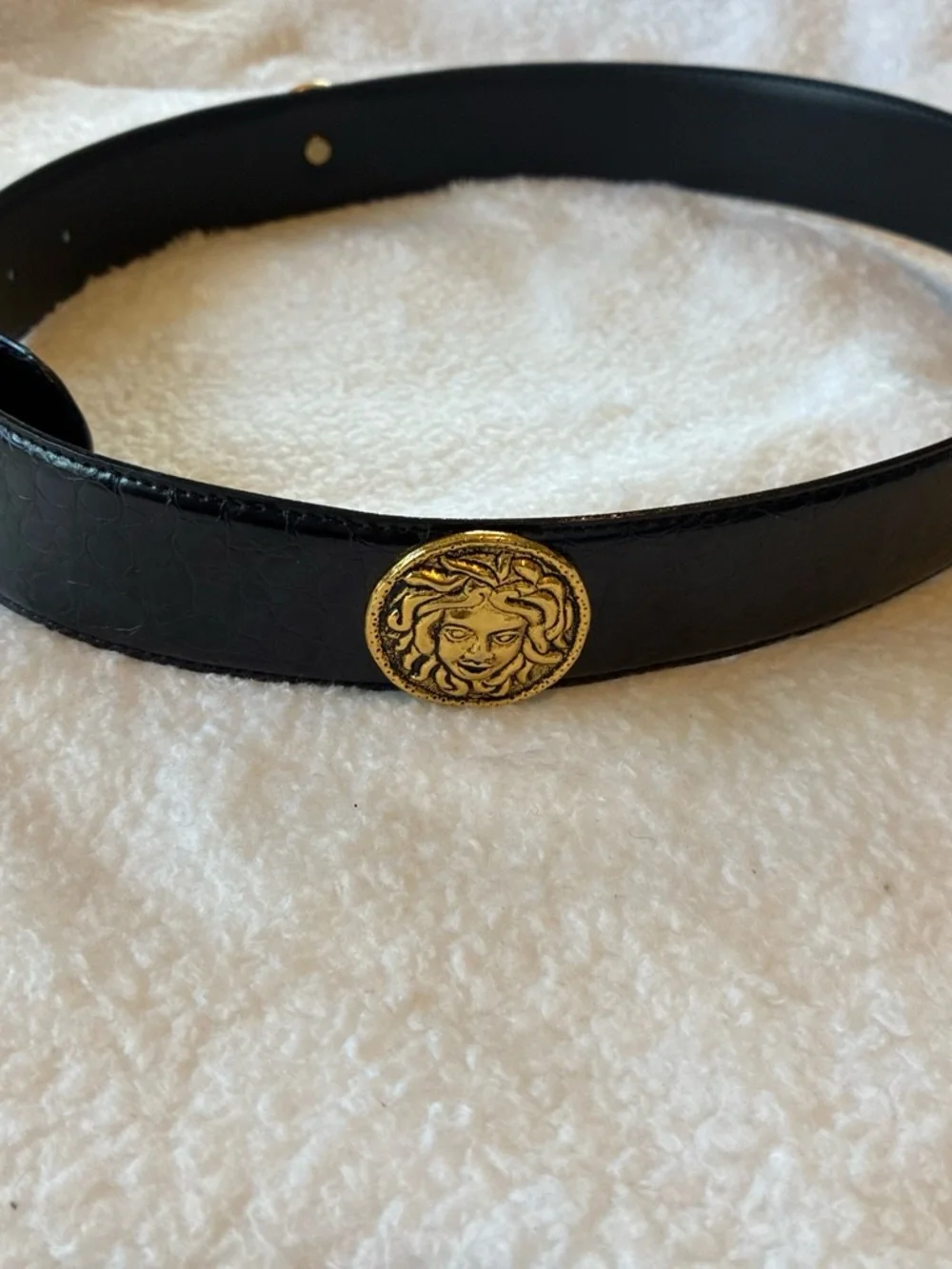 Black Leather Belt with Gold Medallion and Chain Accent